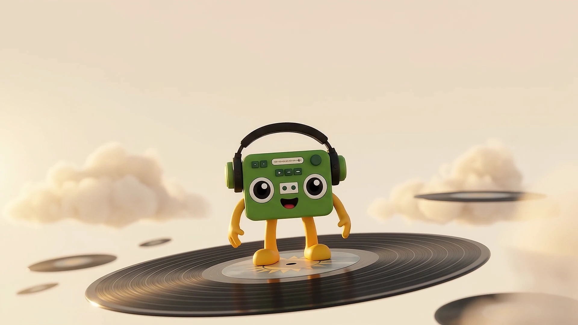 Guessy, the green boombox mascot in headphones, standing on a vinyl record floating among the clouds
